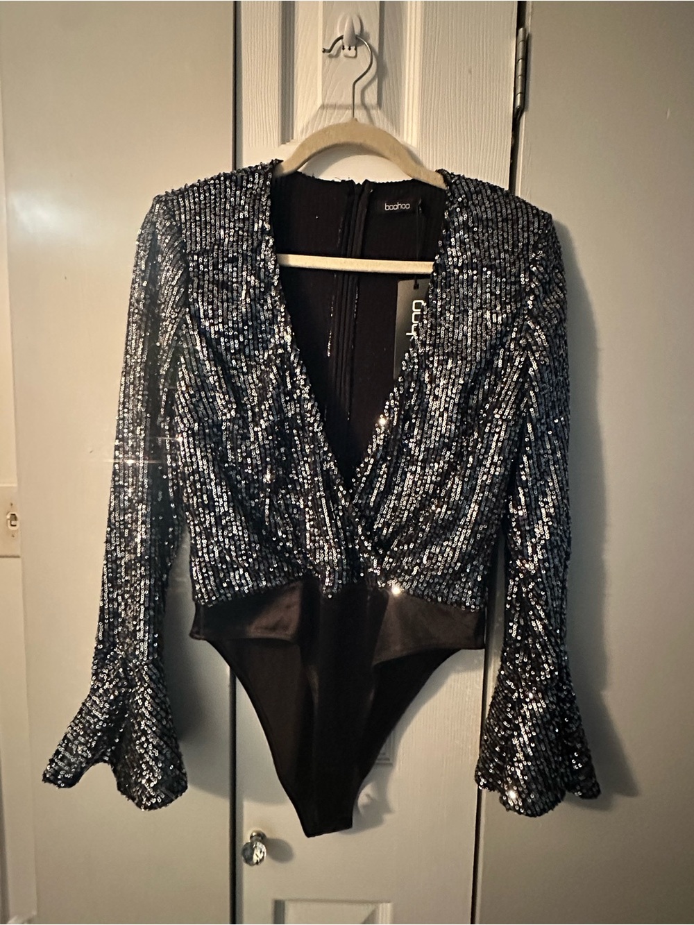 Boohoo Sequin Wrap Ruffle Cuff Bodysuit